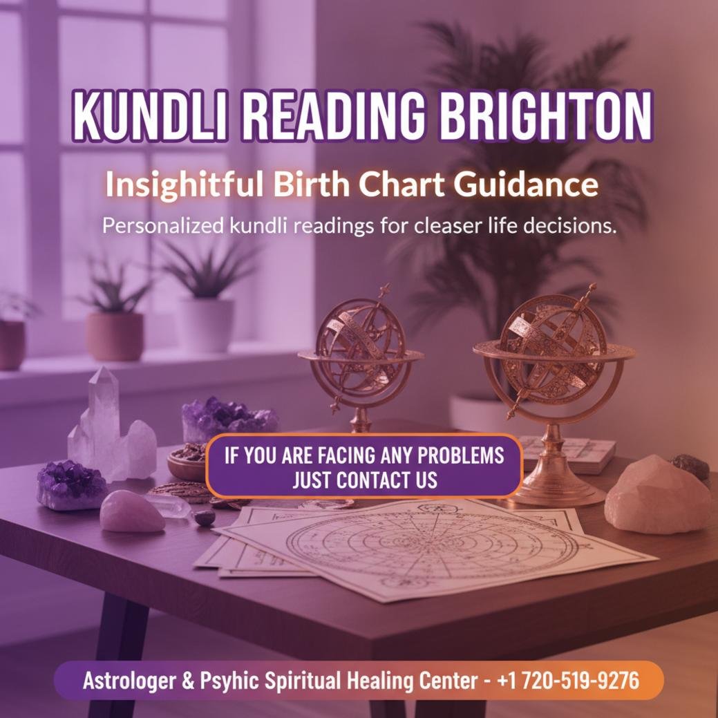 Kundli reading charts and planetary tools on wooden table in Brighton